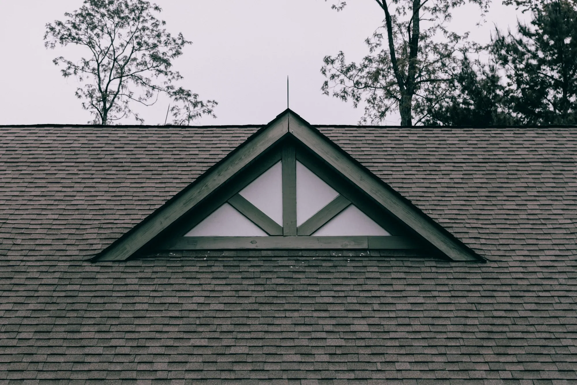 Gray asphalt shingle roof with a small decorative gable vent