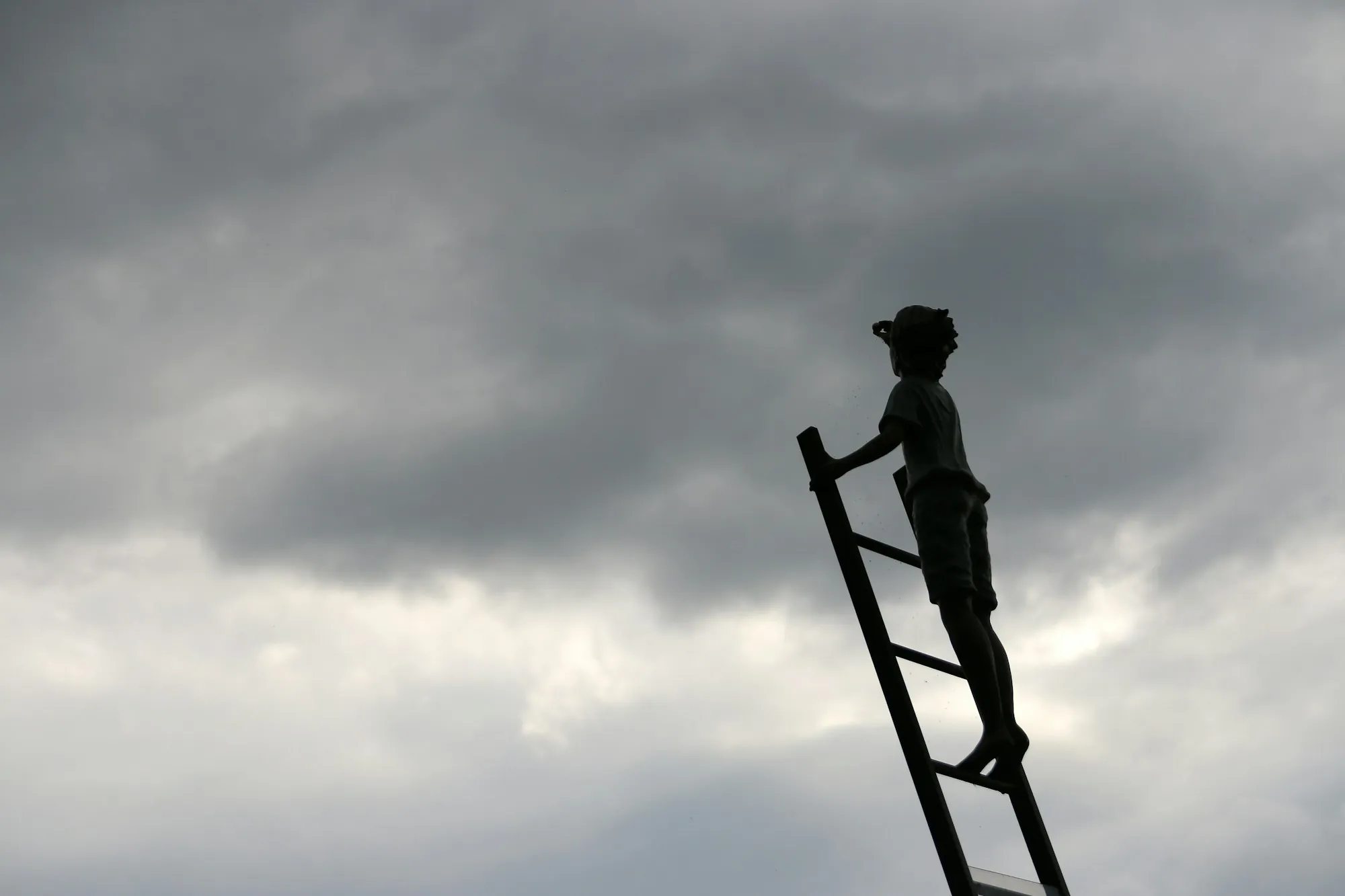 Silhouette of a person climbing a ladder against gray clouds